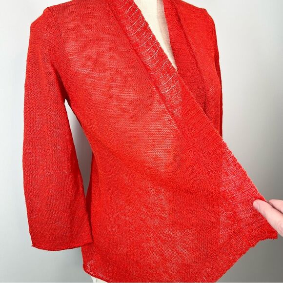Eileen Fisher Petite Red Linen Blend Open Front Cardigan PS Petite Small - Picture 3 of 9